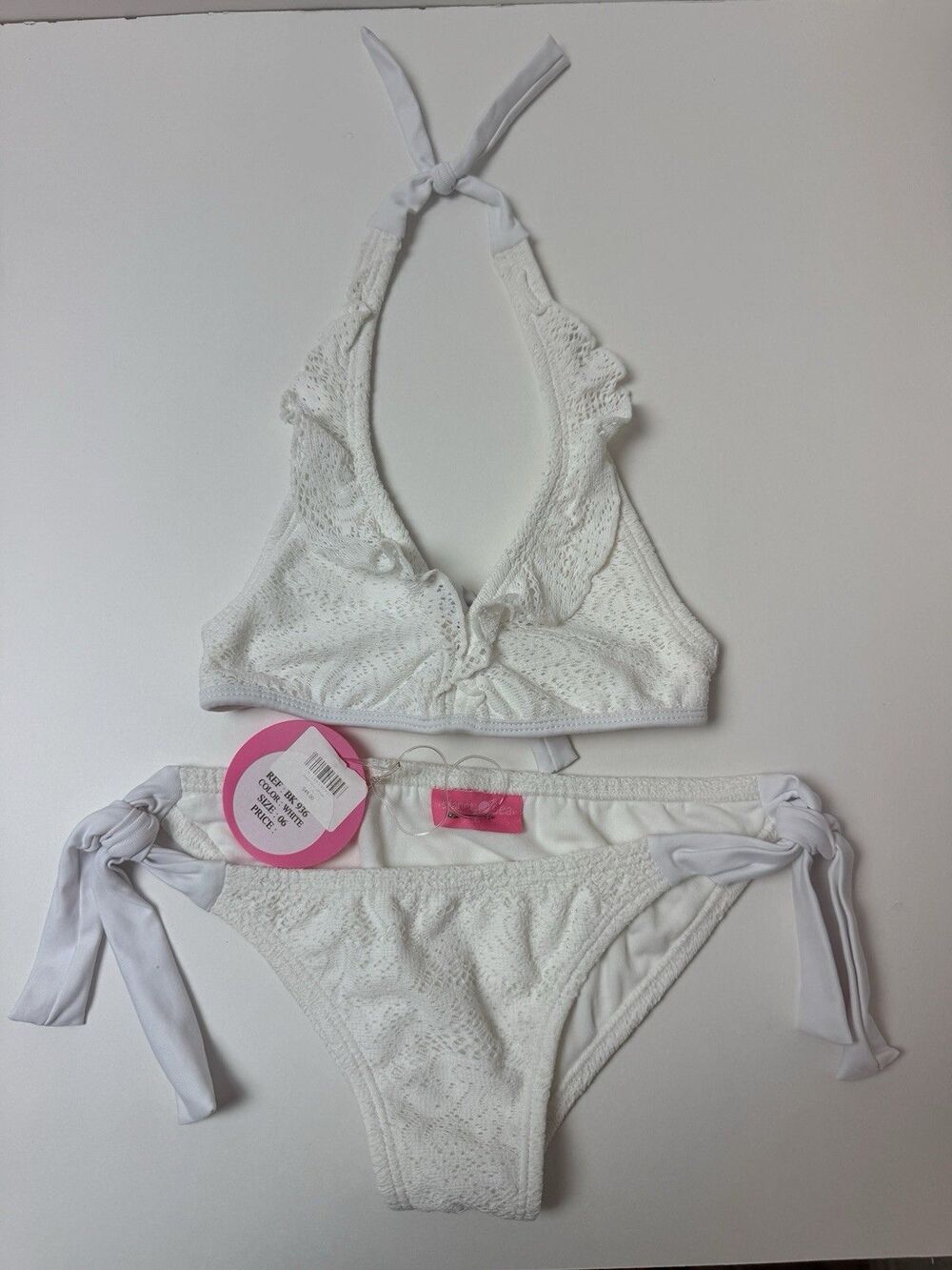 Planet Sea Girls 6y 2 Piece Swimsuit White Crochet Halter Bikini Set Ruffle NWT